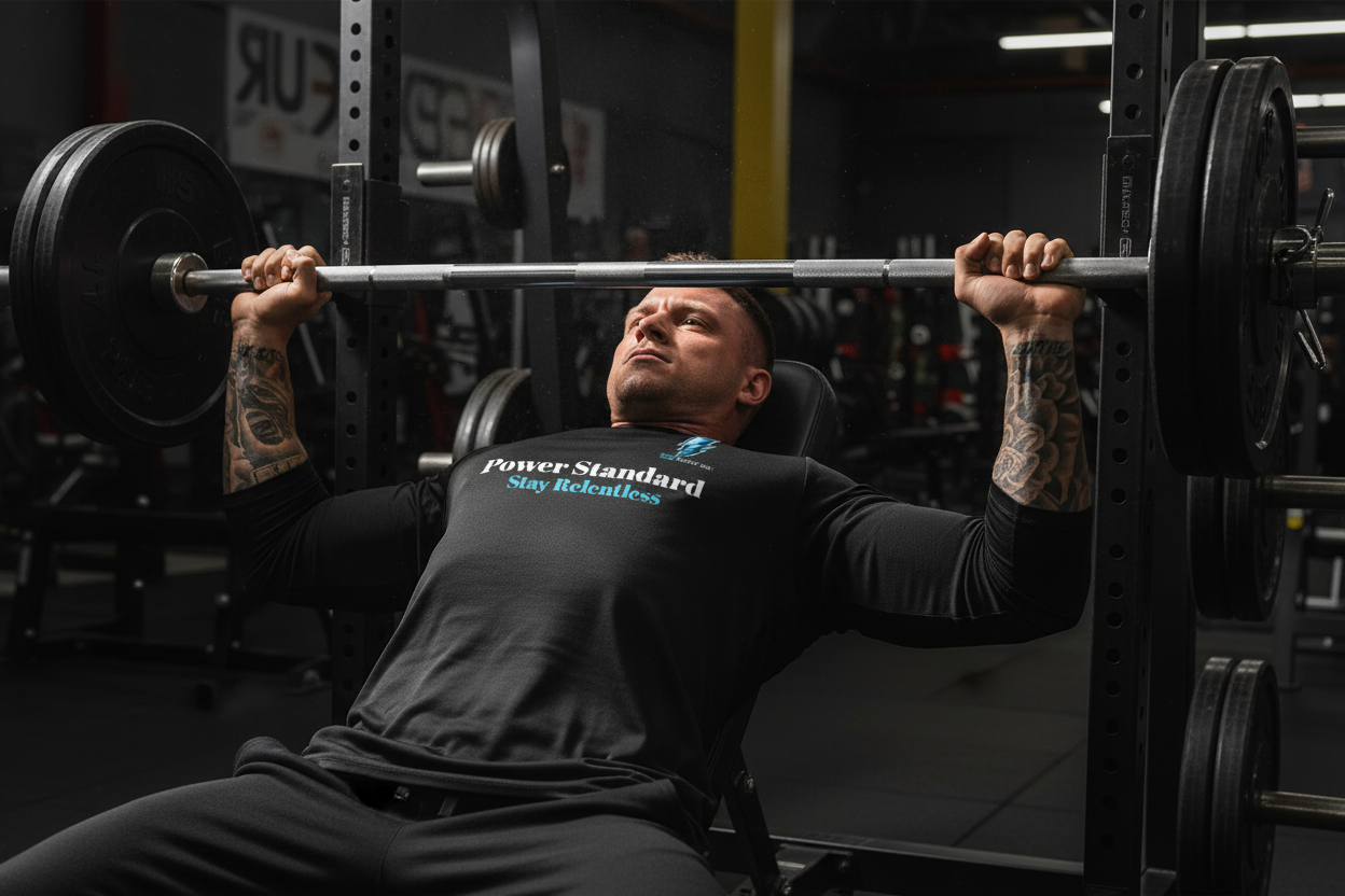 Tattooed athlete bench pressing in long sleeve performance shirt